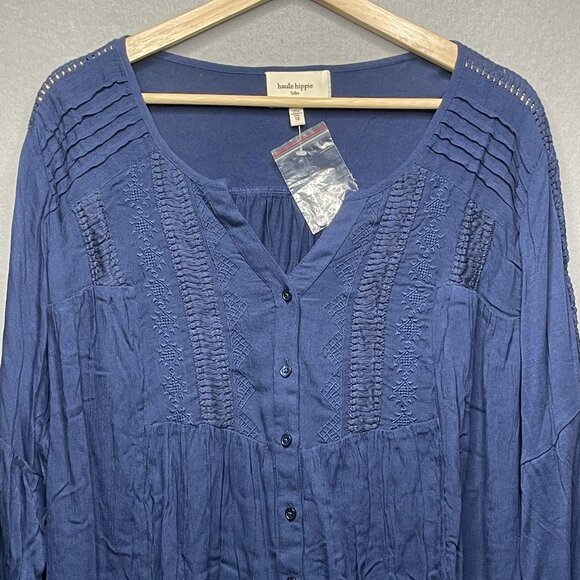 Haute Hippie Tribe Boho Style Blue Button-Down Blouse Behati 1X Womens Top Made - Picture 2 of 6